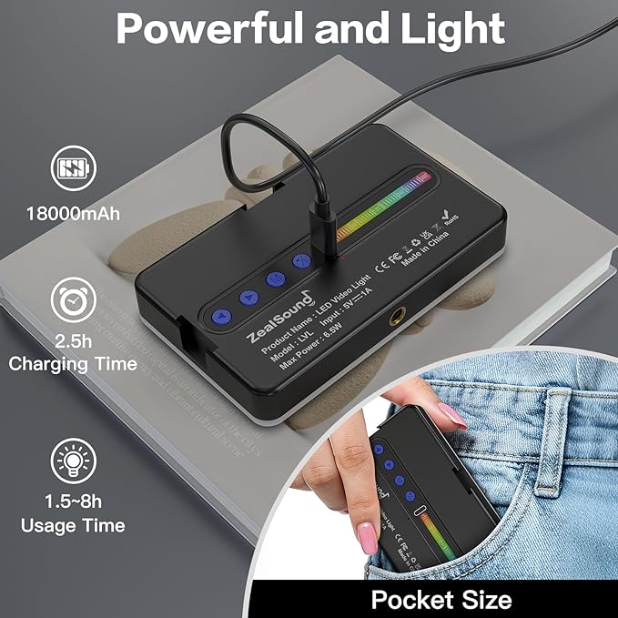 Zealsound RGB Selfie Light, 138 LEDs, 360° Full Color Video Light, 2700–6500K Dimmable, 20 Effects, 1800mAh Rechargeable for Phone, iPhone, Camera, Computer, Webcam, Gaming, Makeup, Vlogging, TikTok
