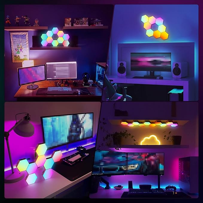 Vcwtty Hexagon Lights Wall Panels, Smart LED Wall Lights with APP, DIY Modular Assembled Music Sync RGB Gaming, Hex Light with USB-Power for Autism, Game Room Decor, Party (6-Pack)