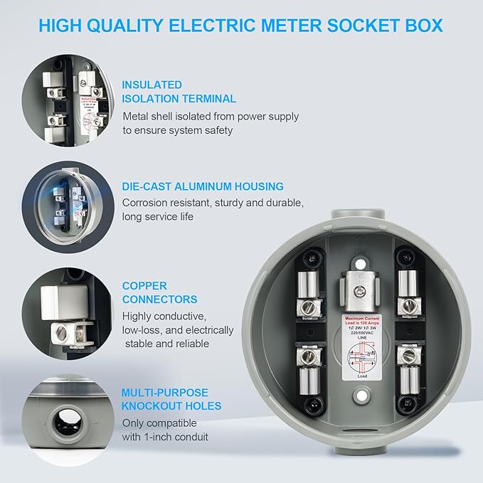 100 Amp Meter Socket, 4 Jaw Meter Base, 240V 3 Wire Ring Type, with Horn Bypass Meter Cover Plate, Suitable for Overhead/Underground Feed
