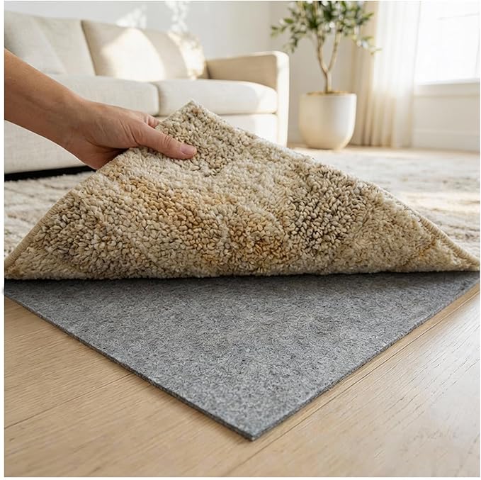 Felt Rug Pad with Gripper Dots, 8x10 Ft Non-Slip Rug Underpad with PVC Backing, 1/6" Thick Cushioned Carpet Pad Gripper for Hardwood Floors, Vinyl & Tile, Under Rug Padding Floor Protection