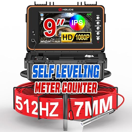HBUDS Sewer Camera with 512Hz Sonde, Self Leveling 230ft Drain Camera with Meter Counter, 7mm Cable, 9" HD Screen 1080P Plumbing Cameras Snake with Light, 5100mAh Battery Pipe Inspection DVR 32GB
