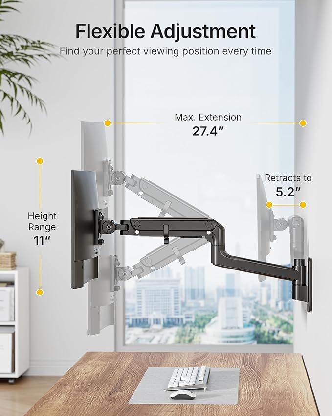 monTEK 17-49 inch Single Monitor Wall Mount for up to 44 lbs Ultrawide Screen, Premium Aluminum Heavy Duty Monitor Arm with Adjustable Gas Spring Arm, 75x75/100x100 VESA Mount, Black