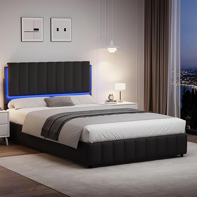 Queen Size Bed Frame with Headboard and LED Lights, Modern Upholstered Faux Leather Platform Bed with Wooden Slats Support, No Box Spring Needed, Easy Assembly, Black
