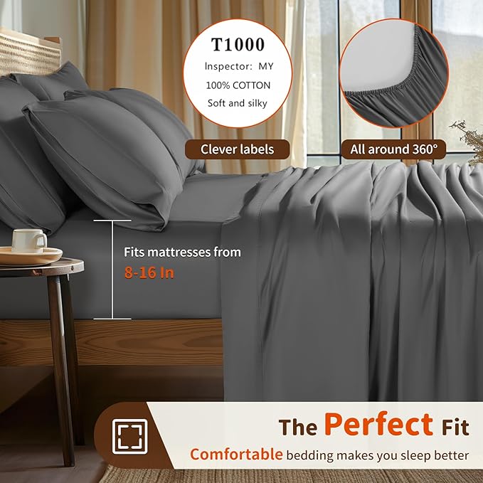 LBRO2M 1000 Thread Count 100% Egyptian Cotton Sheets Set 6 Piece Sets Full Size Bed Sheet Deep Pocket Sheet Set 16" Soft Comfortable All Season (Full, Dark Gray)