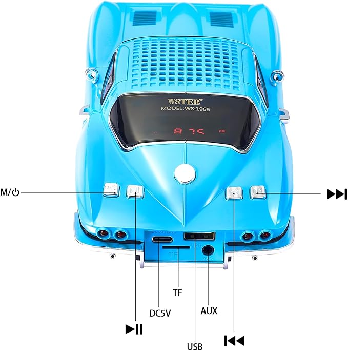 WSTER Retro American Style car Bluetooth Speaker, Portable Wireless Outdoor Speaker, TWS Stereo, Support USB/TF/AUX, Party Bluetooth Speaker with Microphone,Classic car Gifts for Men(Blue)