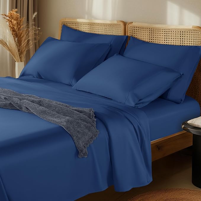 LBRO2M 1000 Thread Count 100% Egyptian Cotton Sheets Set 6 Piece Sets King Bed Sheet Deep Pocket Sheet Set 16" Soft Comfortable All Season (King, Navy Blue)