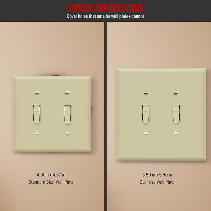 ENERLITES Double Toggle Switch Cover, Two Gang Light Switch Wall Plate, Gloss Finish, Oversized 2-Gang 5.5" x 5.5", Unbreakable Polycarbonate Thermoplastic, UL Listed, 8812O-I, Ivory