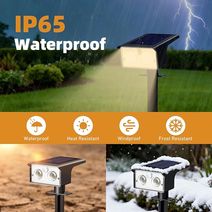 btfarm Solar Spot Lights Outdoor Waterproof, 3 Modes Motion Sensor Lights, Solar Powered Spotlights 2-in-1 Auto On/Off for Outside Pathway Yard Garden Landscape Lighting, Warm White