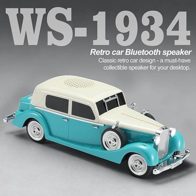 WSTER Vintage Car Bluetooth Speaker, Retro Classic Model with Powerful Sound, Built-in Mic, TWS Dual Pairing, Multi-Interface Output, Portable Wireless Outdoor Speaker for Parties & Beach (Green)