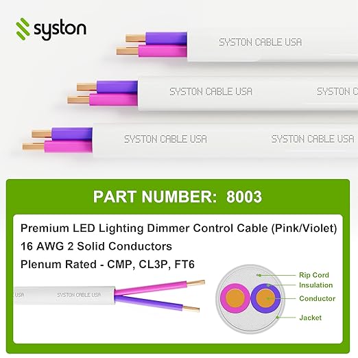 Syston Cable Technology 18/2 LED Lighting Dimmer Dimming Luminaire Control Wire Cable,18 AWG 2 Conductors Solid Bare Copper Unshielded Plenum Rated CMP CL3P FT6, for Ballast Wiring and Connection