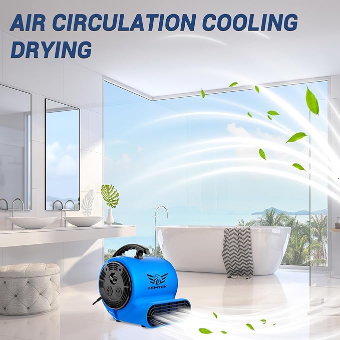 BSMTEK Air Mover Blower Fan, Industrial 1/3HP 1200CFM Monster Floor Blower Carpet Dryers - 3 Speeds Switch, 4 Adjustable Angles, 10FT Long Cord, Stackable - 2026 Upgraded