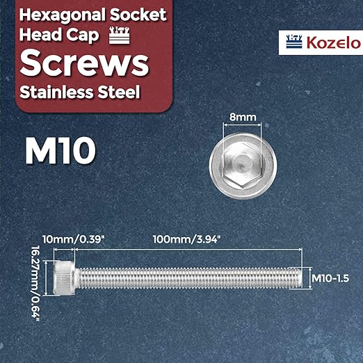 Kozelo 8pcs Socket Head Cap Screws - [M10-1.5 x 100mm] 304 Stainless Steel Allen Socket Drive for Electrical Motor 3D Printing Fan Engine Replacement Use, Silver
