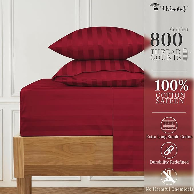 URBANHUT 800 Thread Count 100% Cotton Damask Full Size Sheets, 4 Piece Striped Full Size Bedsheets, Luxury Hotel Sheets Sateen Weave - Better Than Egyptian, 16" Elasticized Deep Pocket- Burgundy
