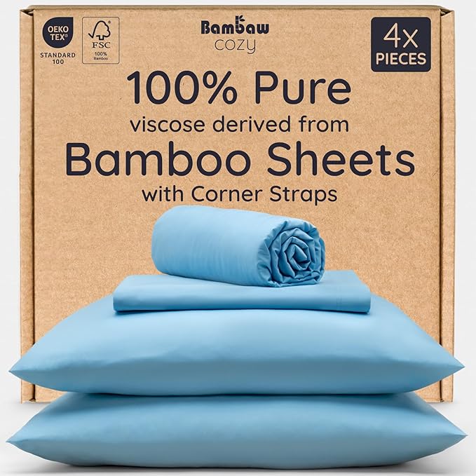 Bambaw Full Sheet Set 4pcs – 100% Viscose Derived from Bamboo Cooling Sheets Full Size Set, Temperature Regulating Sheets, with Elastic Corner Straps, Super Soft Full Size Sheets (Dream Blue)