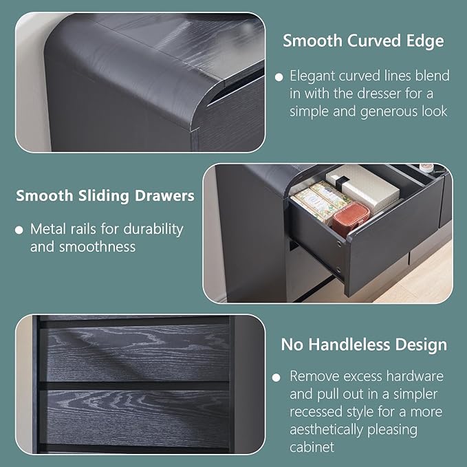 Modern 5 Drawers Dresser for Bedroom, 45" Tall Dressers & Chests of Drawers w/Curved Profile Design, Wood Mid Century Vertical Dresser w/Natural Texture for Bedroom, Living Room, Black