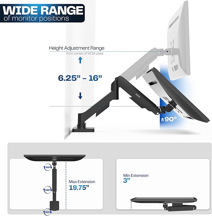 VIVO Single 17 to 32 inch Monitor Height Adjustable Counterbalance Mechanical Arm Desk Stand, Classic, Universal VESA Mount, STAND-V001O