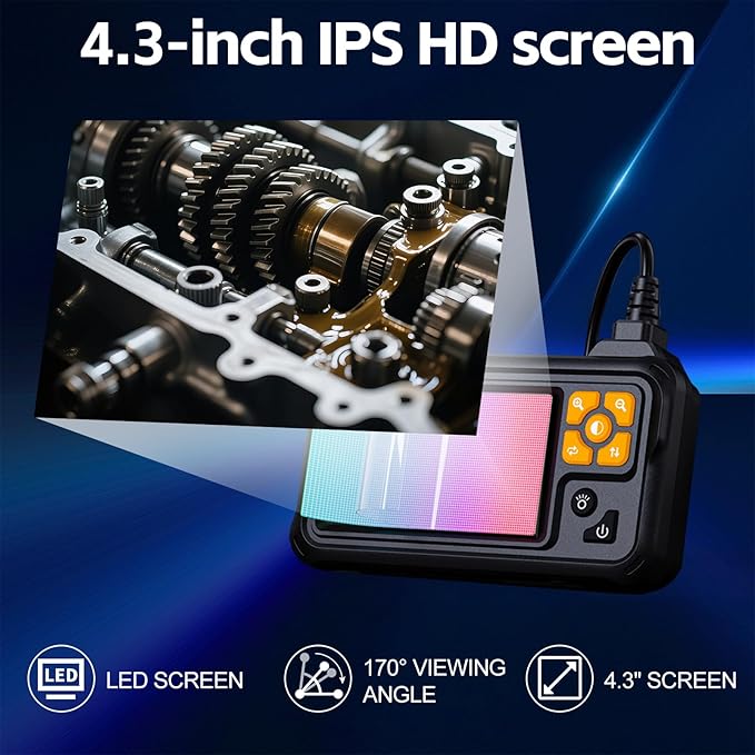 Industrial Borescope Camera with Lighting, 4.3" Borescope, 1080P HD Inspection Camera, 8 LED Lights, 16.4FT Semi-Rigid Cable, IP67 Waterproof Endoscope, Used for Pipes, Automobiles, Sewer