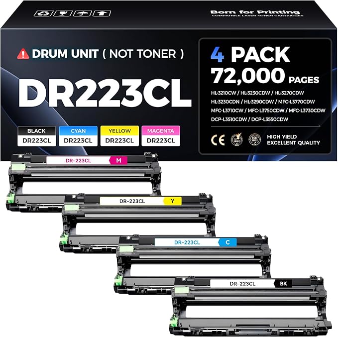 DR223CL Compatible Drum Unit Replacement for Brother DR223CL DR-223CL DR223 compatible with Brother MFC-L3770CDW MFC-L3750CDW HL-L3270CDW HL-L3290CDW HL-L3230CDW (Black, Cyan, Magenta, Yellow, 4 Pack)