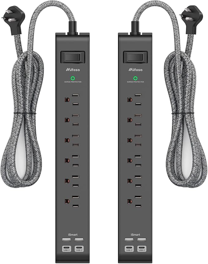 2 Pack Surge Protector Power Strip - 6 Outlets 4 USB Charging Ports, 5Ft Braided Extension Cord, Slim Flat Plug, Overload Protection, Wall Mount for Home Office, Dorm Room Essentials