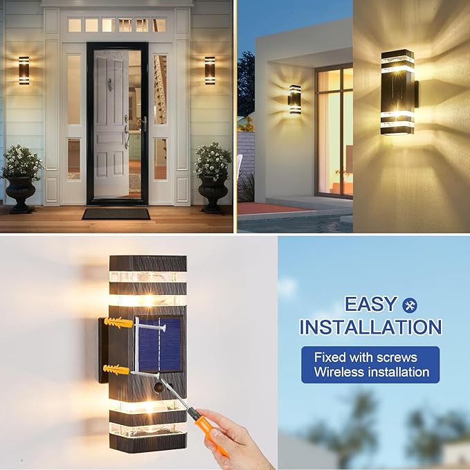 Delicavy 2 Pack Solar Outdoor Wall Lights with 3-Mode Motion Sensor Outside Sconces Up Down Solar Porch Light Fixtures 3000K 500LM Dusk to Dawn Modern Exterior Wall Lamp for House Garage Front Door