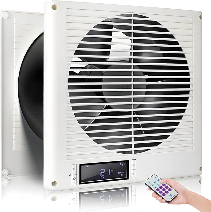 Feeligivin 20W 8” Room to Room Fan 10-Speed RC Two-Way Reversible Airflow Through Wall with Temperature and Timer Setting In-Wall Vent Fan
