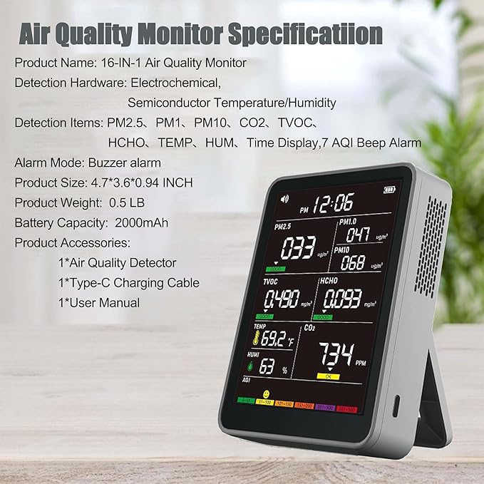 Professional Indoor Air Quality Monitor with AQI Alarms, Portable Real-Time Detector for Home Cars Plants and Pets (Cold Grey)
