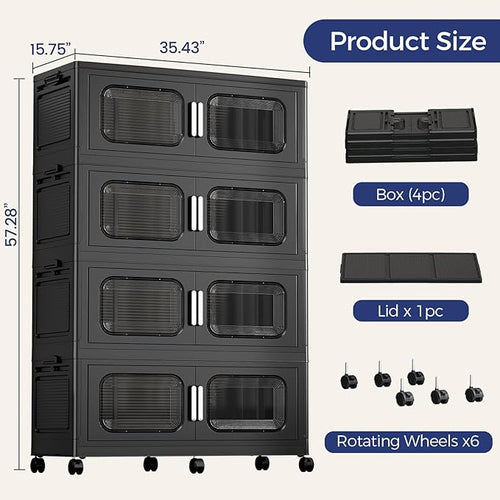200 Gallon Extra Large Storage Bin with Lid and Wheels, Stackable Collapsible Plastic Storage Box with Door, Foldable Organizer for Closet, Kitchen, Office, Living Room, 4 Pack Black
