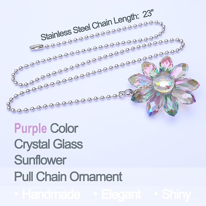LEFERS Ceiling Fan Pull Chain, 2 Pieces 1.8" Crystal Glass Flower Pendants with 24" Ceiling Fan Chain Extender and Connector (Purple)