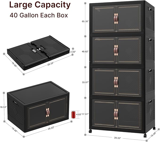 1280Qt Stackable Storage Bins with Lids, 8 Pack Large Collapsible Bins with Wheels, Plastic Cabinet with Doors, Foldable Closet Organizers and Storage for Home, Dorm, Office, Black