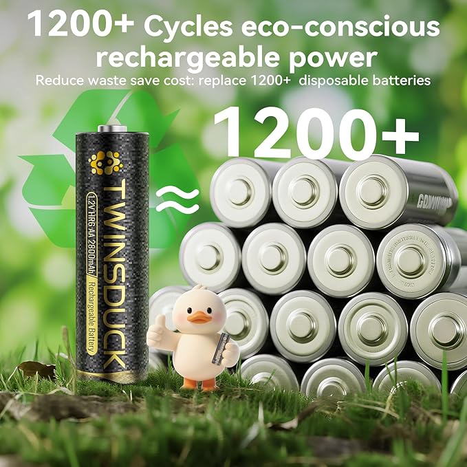 TWINSDUCK Rechargeable AA Batteries, 2800mAh High Capacity NiMH Double A Battery for Household and Office Devices，8 Pack