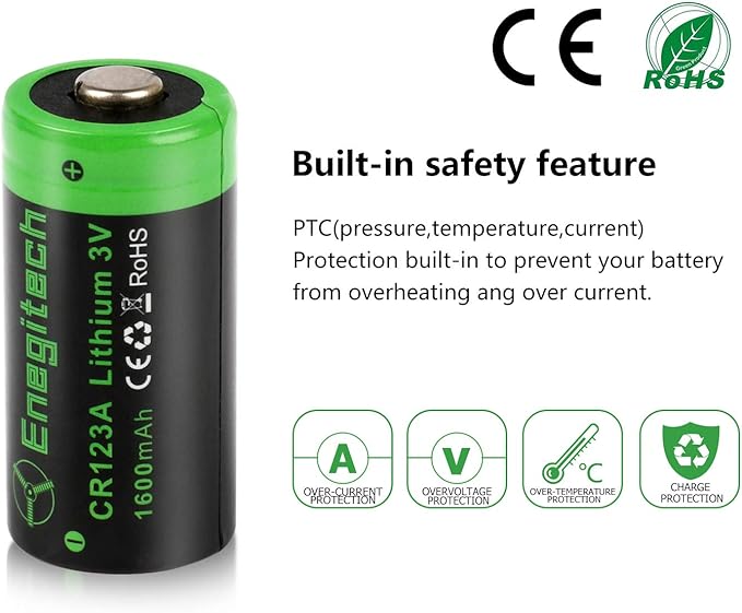 Enegitech CR123A 3V Lithium Battery, 123 Lithium Batteries 3 Volt 1600mAh for Smart Smoke Detector, Fire Alarm, Flood & Freeze Sensor, Carbon Monoxide Detector Non-Rechargeable 12 Pack