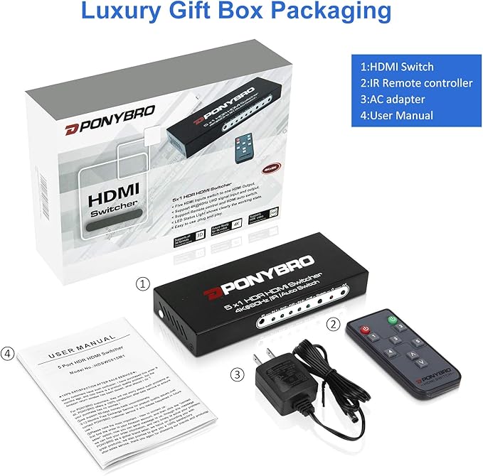 PONYBRO HDMI 2.0 Switch 5 Port 4K@60Hz Auto-Switching – 5 in 1 Out with Remote, HDR10, 3D, Ultra HD for PS5/Xbox/PC/Fire TV, Zero Delay