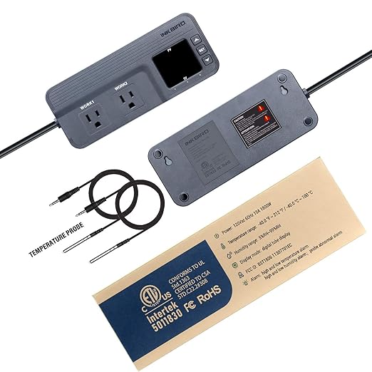 Inkbird ITC-608T Temperature Controller with Dual Temperature Sensor AC Dual Stage Outlet Thermostat with 12 Period Time Stage 1800W ETL Listed