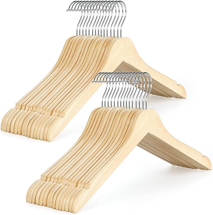 TOPIA HANGER Wooden Hangers 30 Pack, 0.28-inch Slim & Durable Clothes Hangers Space Saving, Natural Wood Hanger with 360°Swivel Hook and Smooth Notches for Coat,Shirts, Camisoles-CT31N