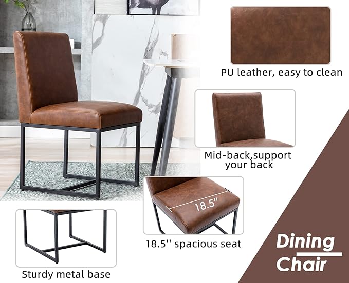 CIMOTA Modern Dining Chairs Set of 2, Leather Dining Room Chairs Upholstered Mid Century Armless Guest Side Chair with Black Base for Dining Room/Kitchen, Vintage Brown 2PCS