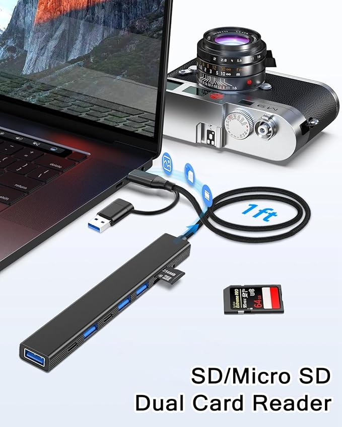 VIENON USB C Hub USB Hub 3.0 with SD Card Reader(8-in-1), USB Extender with Memory SD/Micro SD Card Reader, for Laptop, PC, MacBook, iPad Pro, iMac-Aluminum