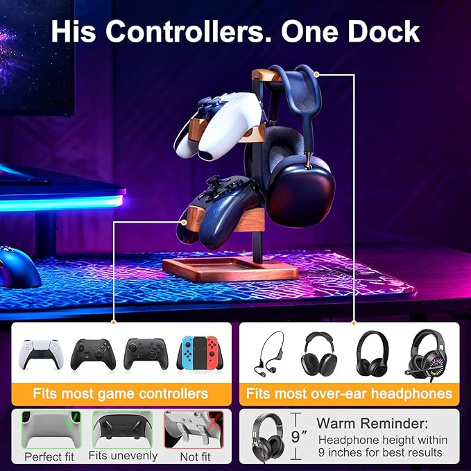 HUMANCOZY Solid Wood Controller Holder and Headphone Stand, Gaming Controller Stand for Desk, Dual Controller Organizer Rack, Fits Xbox, PS4, PS5, Gamepad, Headset Holder for Son, Husband, Boyfriend