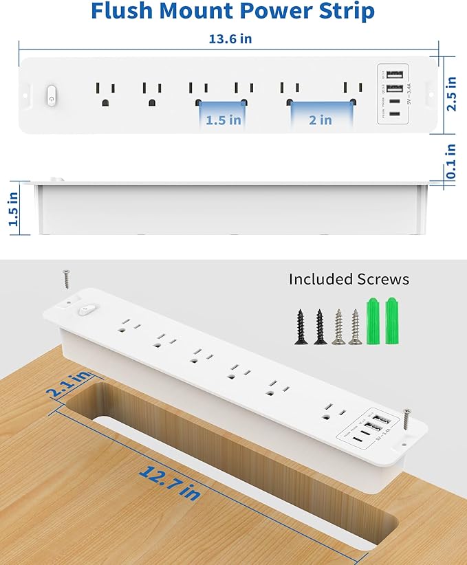 Inhwatek Recessed Power Strip, Surge Protector with USB Ports, Flush Mount Power Strip, 6Ft Flat Plug Extension Cord for Home Office Desk Kitchen Behind Furniture