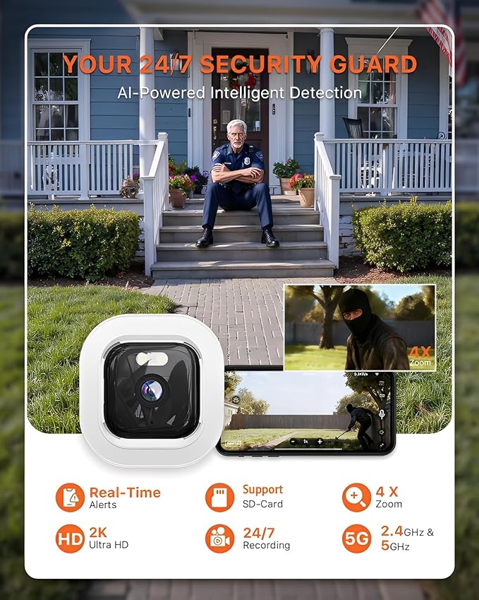 ciciglow 2K Window Camera, 2.4GHz & 5GHz WiFi Indoor Camera for Home Security, with AI Full Color Night Vision, PIR Motion Detection, Anti Glare