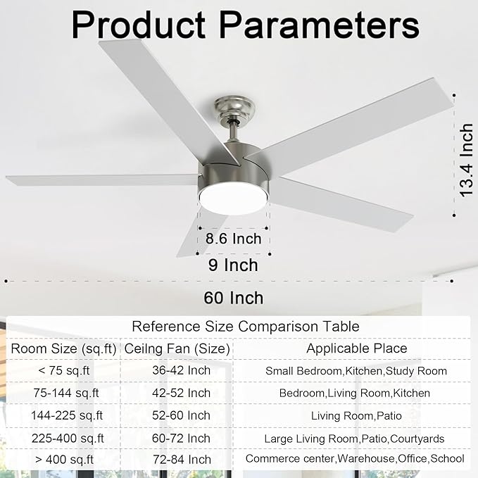 POCHFAN 60 Inch Brushed Nickel Ceiling Fans with Lights and Remote Control, Quiet Modern Ceiling Fan for Bedroom, Living Room,Dining Room,Dimmable 3-Color Temperatures 6-Speed