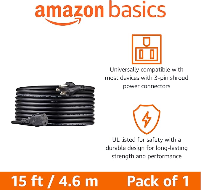 Amazon Basics PC Power Cord, 15 feet, AC Power Cord for Monitor, Computer, TV, 3 Prong, 18 AWG, 125 Volts, Black