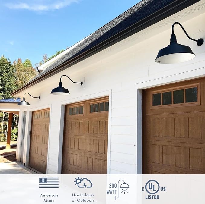 Steel Lighting Co. Large Outdoor Barn Light | Gooseneck Light Fixture | Made in America from 18-Gauge Steel | 20" Dome | Upward Sloping Gooseneck Cream Exterior/Brass Interior