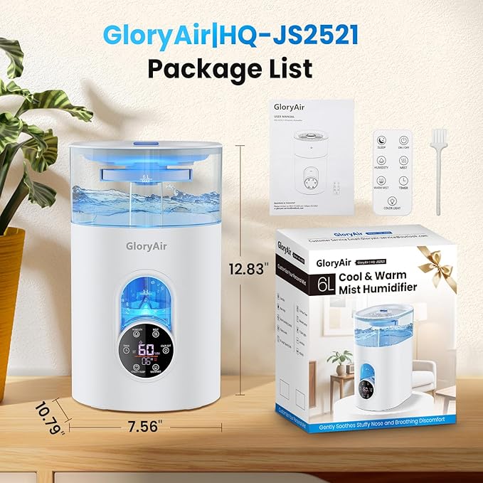 Humidifiers for Bedroom Large Room Home - GloryAir 6L Quiet Top Fill Cool & Warm Mist Humidifier with Smart Humidity Control, Remote Control, 7-Color Light, Humidistat, Oil Diffuser for Plants & Baby