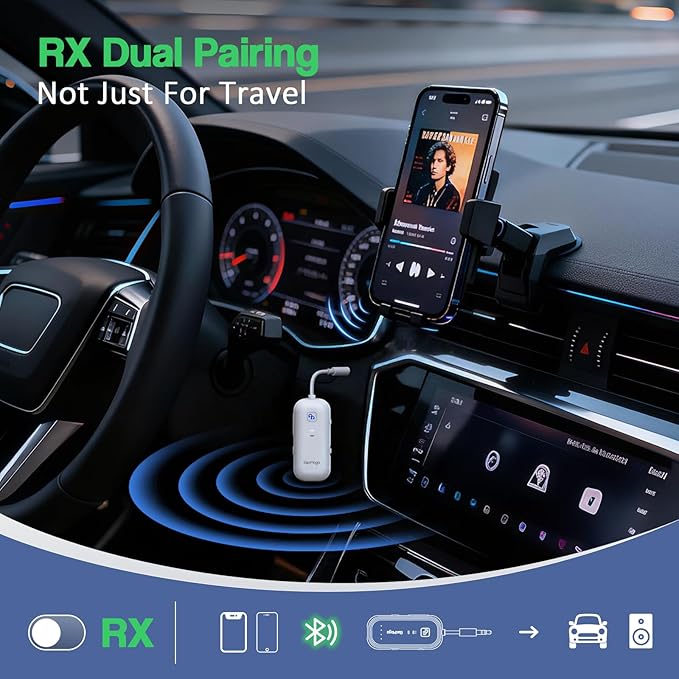 2025 Upgraded Airplane Bluetooth 5.4 Transmitter with aptX Adaptive, ElecMoga Airplane Travel Essentials Supports 2 AirPods or Headphones, 2-in-1 AUX Wireless Transmitter Receiver for TV, Car, White