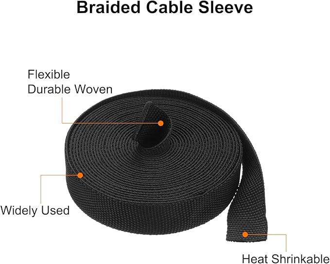 MECCANIXITY Braided Cable Sleeves Heat Shrinkable Fabric Sleeving, 3/8" 16ft Black 2:1 Ratio Heat Shrinkable Cord Protector for Harness Cable, Network Cable Protection, Cable Management