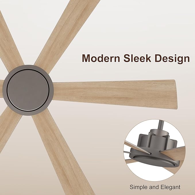 WINGBO 60 Inch Ceiling Fan without Light - 6 Plywood Blades, 6-Speed Reversible DC Motor, Noiseless Remote Control Ceiling Fan No Light for Bedroom Living Room Kitchen, Charcoal Gray and Wood/Black