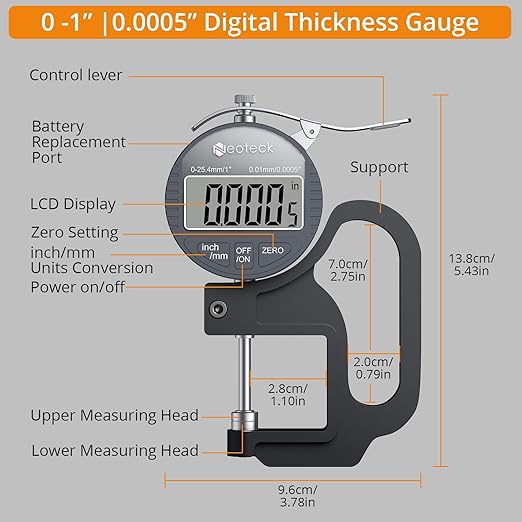 Neoteck Digital Thickness Gauge 1inch/25.4mm,0.0005inch/0.01mm LCD Display with Inch/MM Conversion One-Hand Quick Press Thickness Measuring Tool for Leather Paper Fabric Film etc.-Silver-Grey