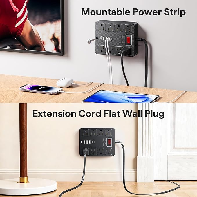 13 in 1 Surge Protector Power Strip Flat Plug 8 Widely AC Outlet 3 USB Ports,1250W/10A，5 ft Extension Cord with Multiple Outlets, Desk Extender for Dorm, Home,Travel， Office Essentials,ETL Listed