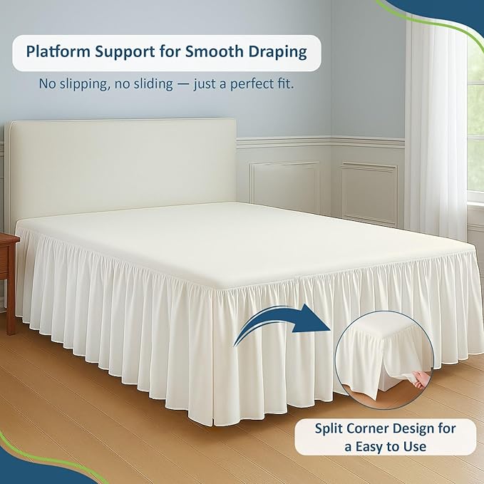 Rajlinen Ruffled Bed Skirt Full, 14 Inch Drop Dust Ruffle with Split Corners, 100% Microfiber Bedskirt with Platform, Three-Sided Coverage Ruffled Gathering Design, Ivory