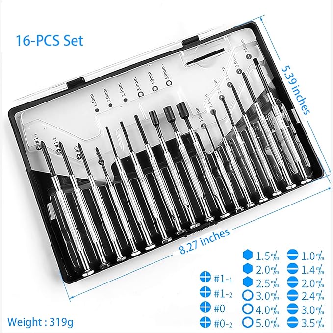 16 PCS Mini Precision Screwdriver Set - Premium Mini Screw Driver Set Kit - 16 Different Sizes of Flat Head Philips for Electronics, Toys, Computer & Watch Repair